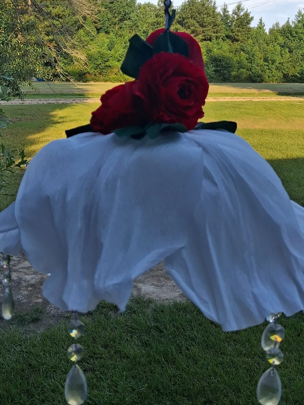 Handcrafted White Floral Hanging LED Lamp with Red Rose Accent
